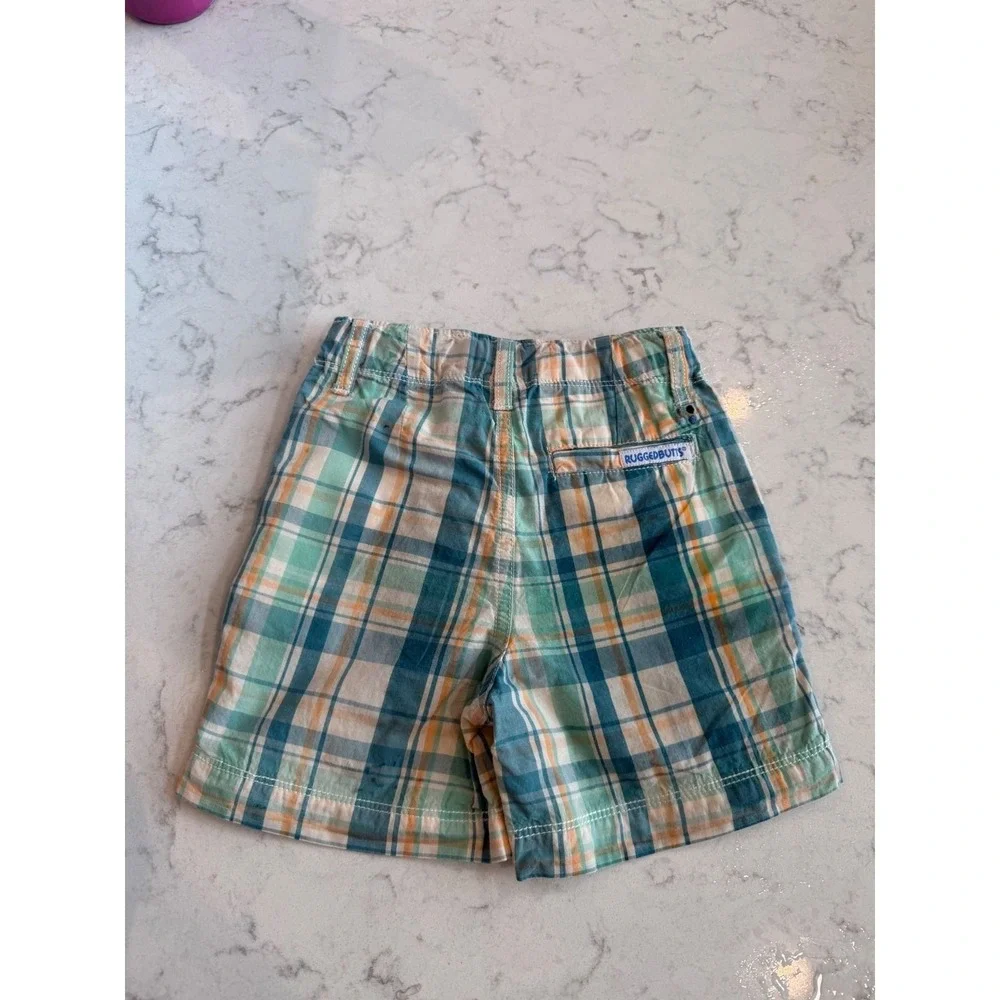 26.RuggedButts Boys Teal Orange Plaid Cotton Chino Shorts 12-18 Months